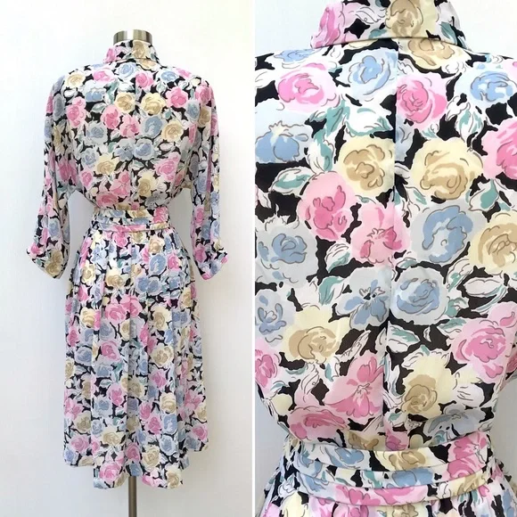 Vintage 80’s black & pastel roses floral secretary dress - Picture 4 of 9
